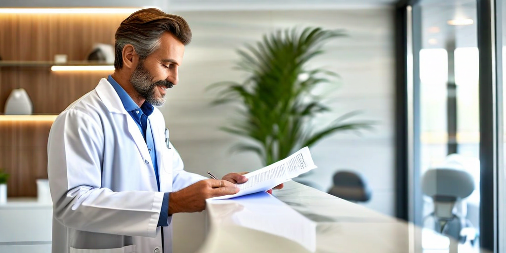 Dental practice owner reviewing patient schedule and billing at front desk
